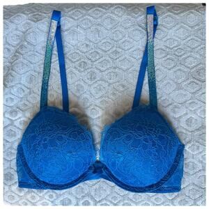 32B Victoria's Secret Bombshell Add-2-Cups Push-Up Bra blue lace shine straps